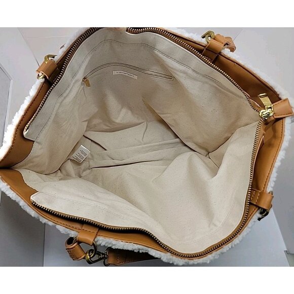 ANTHROPOLOGIE Tote Zip Purse Cream Sherpa Bag Tan Adjustable Straps & Pocket NWT - Picture 6 of 15